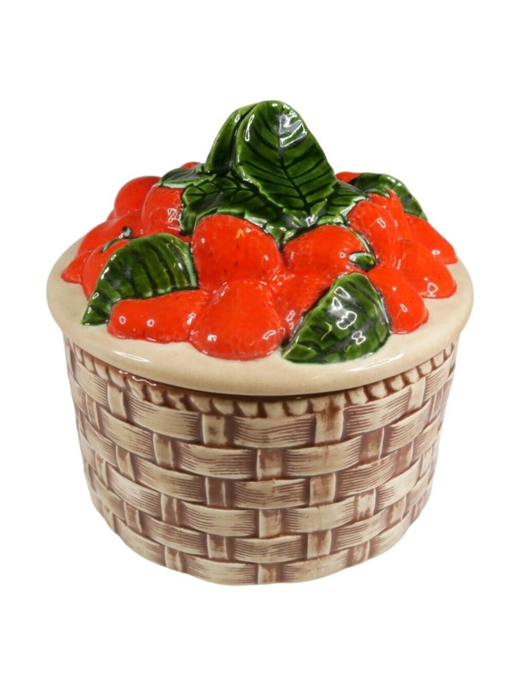 Vintage 1973 Ceramic Basket Canister, Strawberry Lid, Studio Pottery, Signed